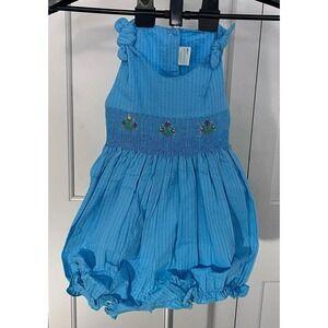 NWT Petite Palace 12M Smocked Bubble Romper Blue Seersucker Flowers Summer